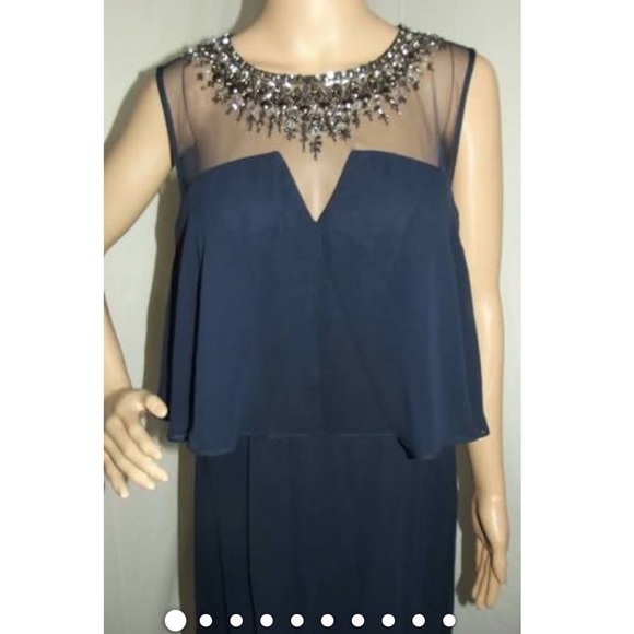 Beautiful beaded mesh front & back long navy blue dress - Picture 1 of 10